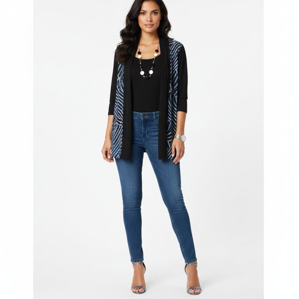 NOTATIONS Blue Black 2-Piece Look Top Blouse Shirt Sz S Detachable Necklace